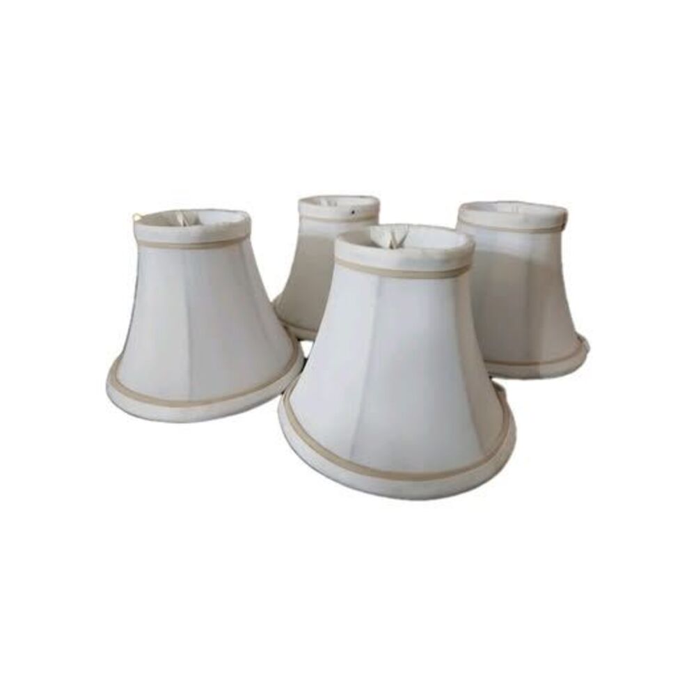 White Faux Silk Fabric Lined Lamp shades + Tan gold Embellishment, Set Of 4